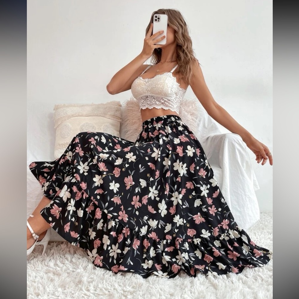 Floral Midi Skirt Ruffle Hem M - Picture 2 of 6